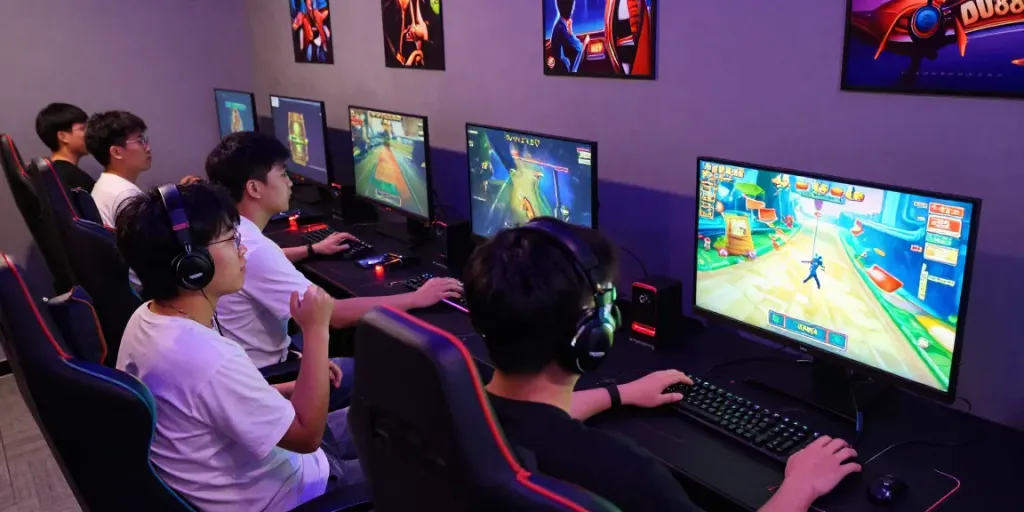Players enjoying DU88 online gaming experience in a vibrant lounge.