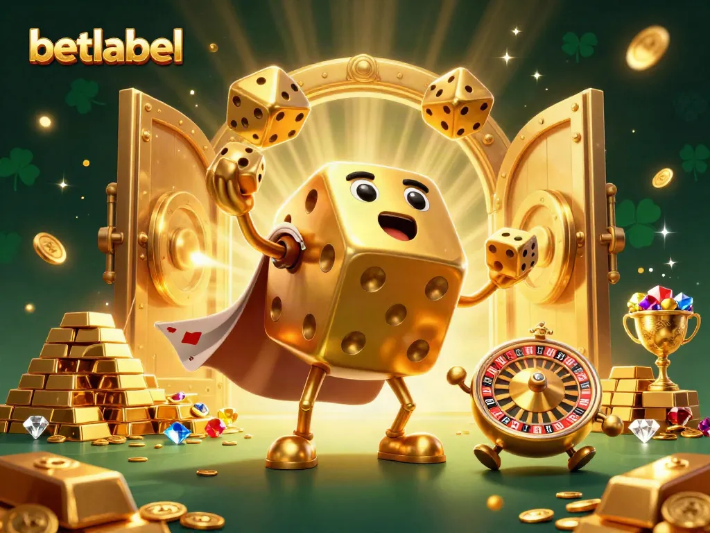 Experience thrilling gameplay at Betlabel with a vibrant golden dice golem and treasure elements.