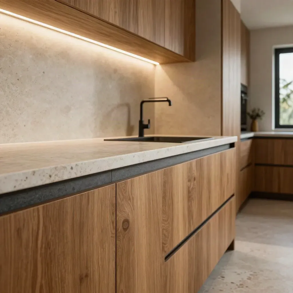 Cocina empotrada de roble con encimera de cuarzo y luz cálida bajo los muebles.