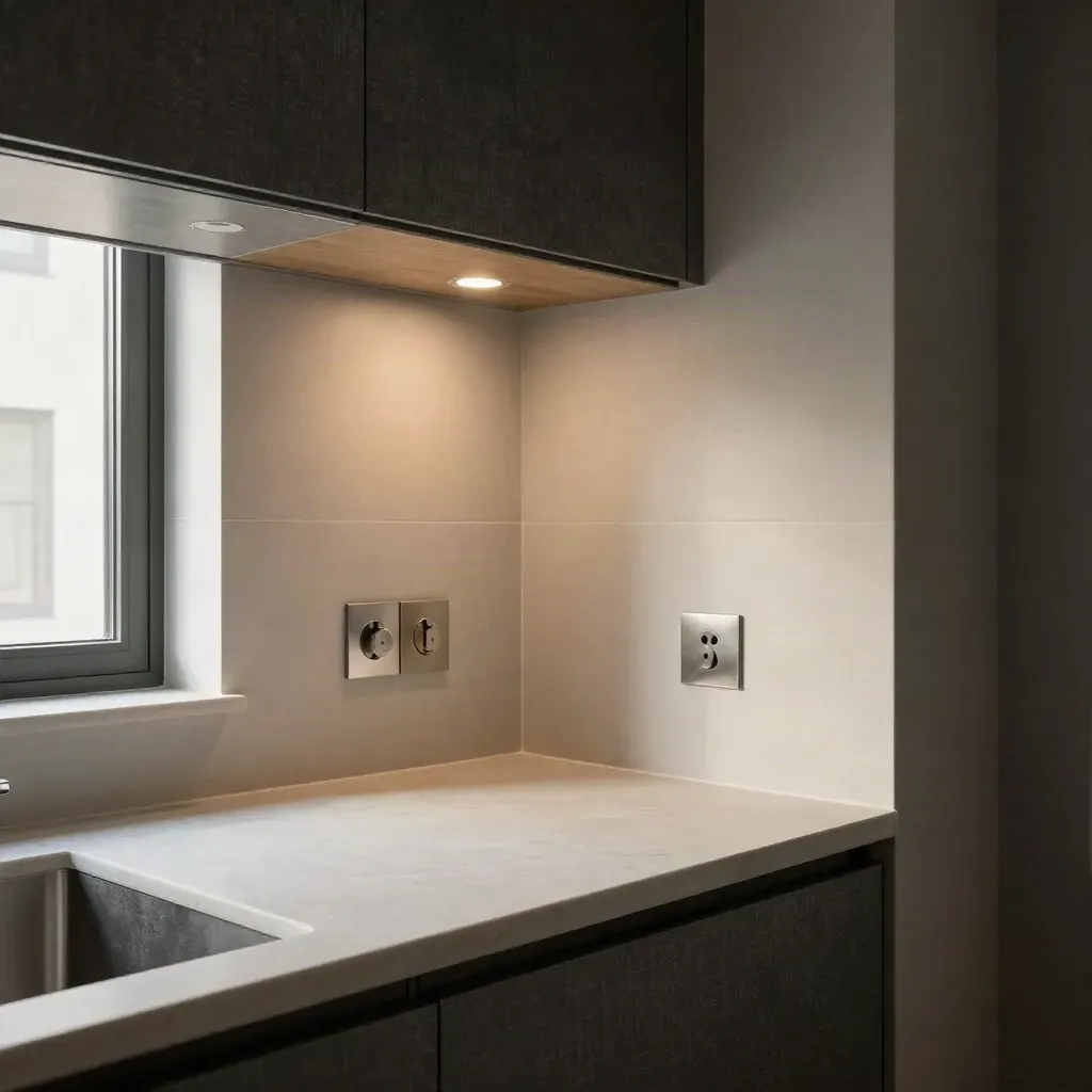 Cocina renovada oscura con encimera clara y luz de trabajo nueva