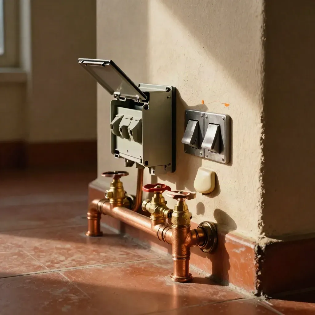 Conexión eléctrica y de fontanería con cobre, válvulas y caja abierta junto a un aplique.