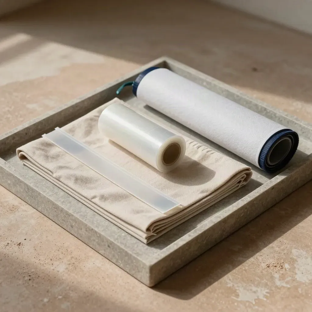 Kit de protección de obra sobre bandeja de piedra, con plásticos, funda con cremallera y sábana plegada.
