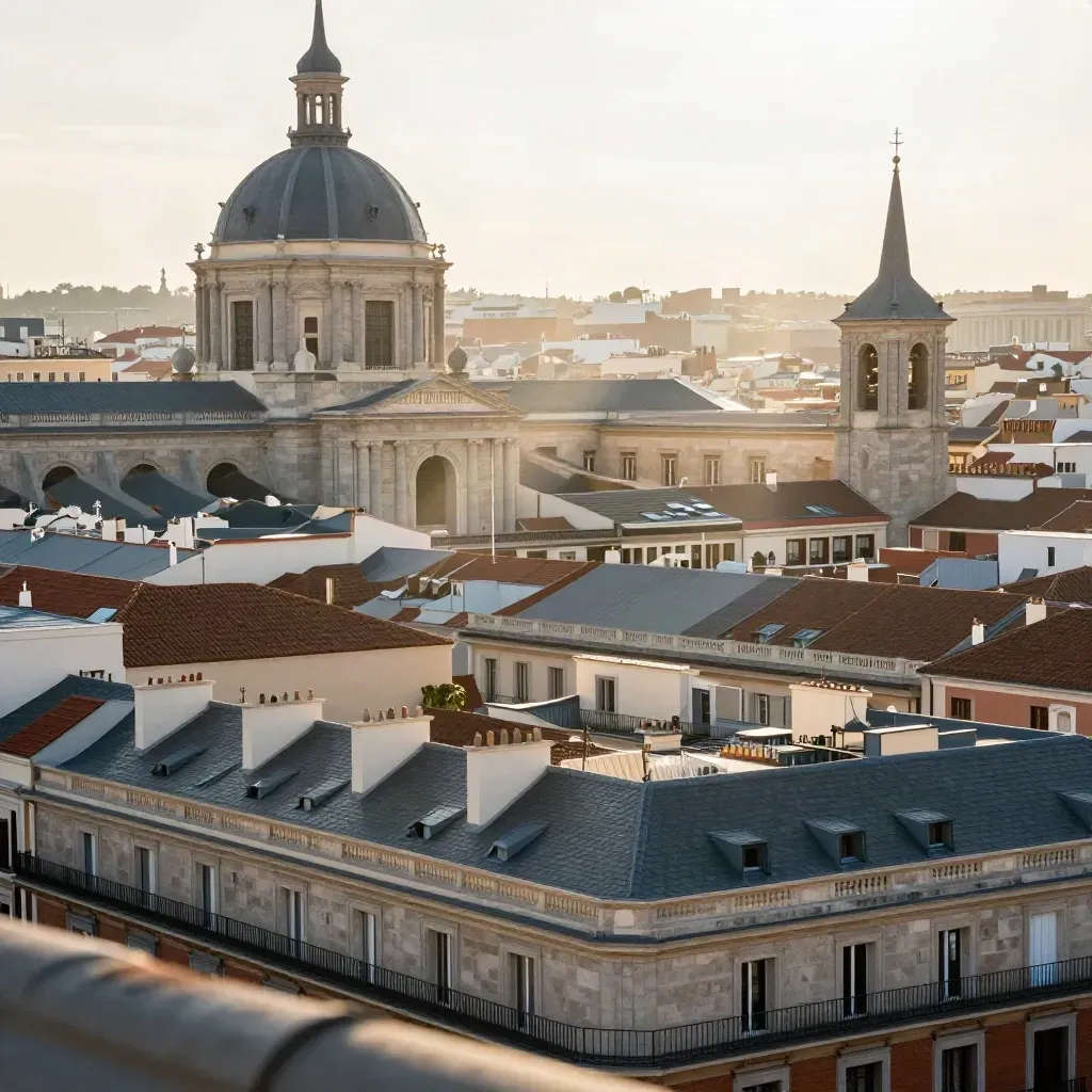 Tejados de Madrid Centro con cúpula de iglesia al amanecer y bruma cálida.
