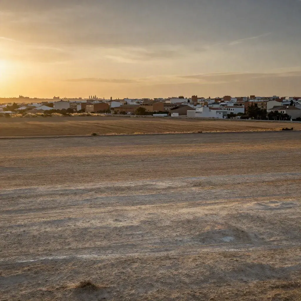 Llanura del sur de Madrid al atardecer, con Getafe alto en la bruma y suelo despejado.