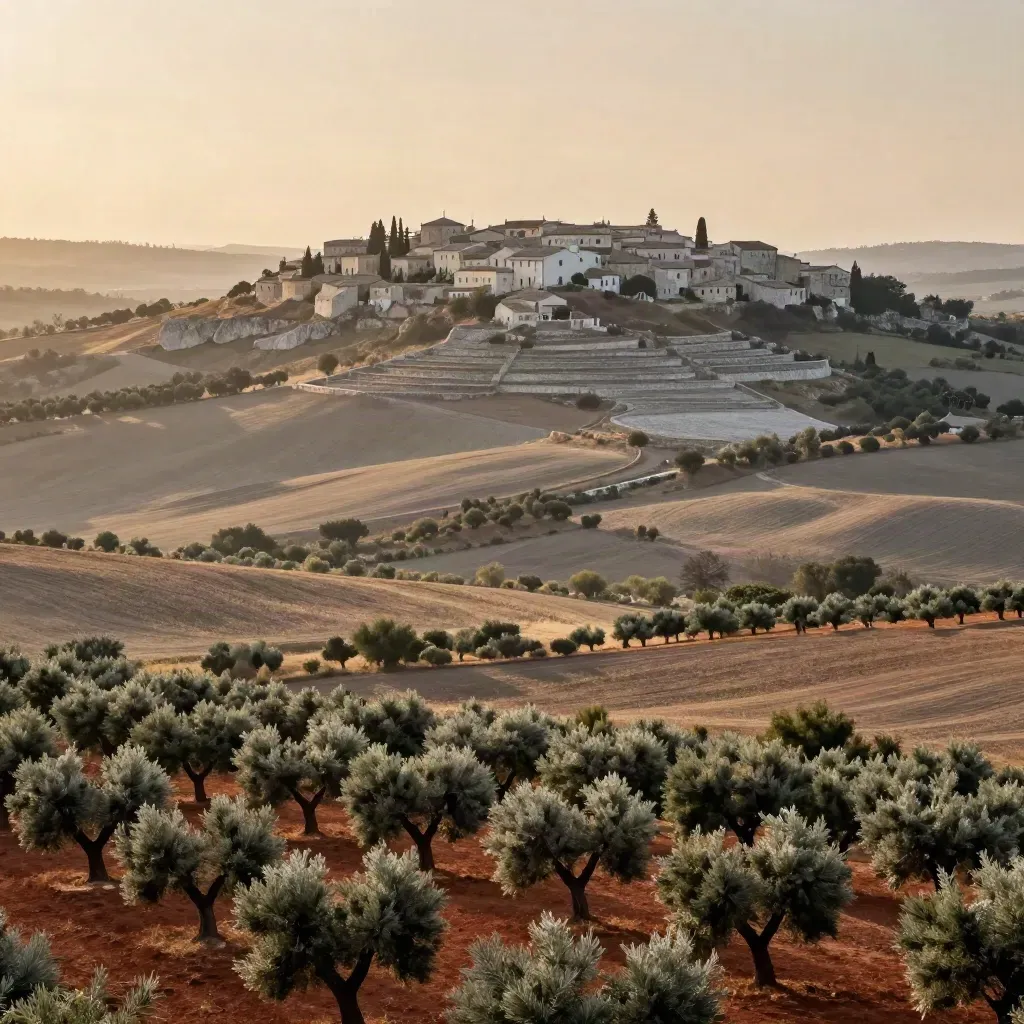 Campiña del norte de Toledo con pueblo lejano sobre loma y niebla dorada.