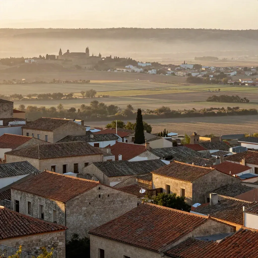 Vista del Corredor del Henares con tejados de Alcalá entre niebla dorada al amanecer.