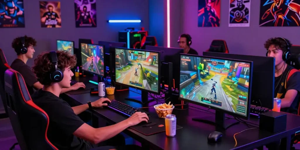 Góc gaming sôi động với nhiều game thủ đang chơi f168, không khí hào hứng và ánh đèn neon.