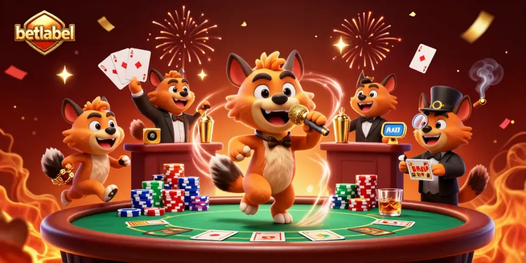Hyenas entertaining in comedy casino at Betlabel, vibrant poker elements, and celebratory atmosphere.