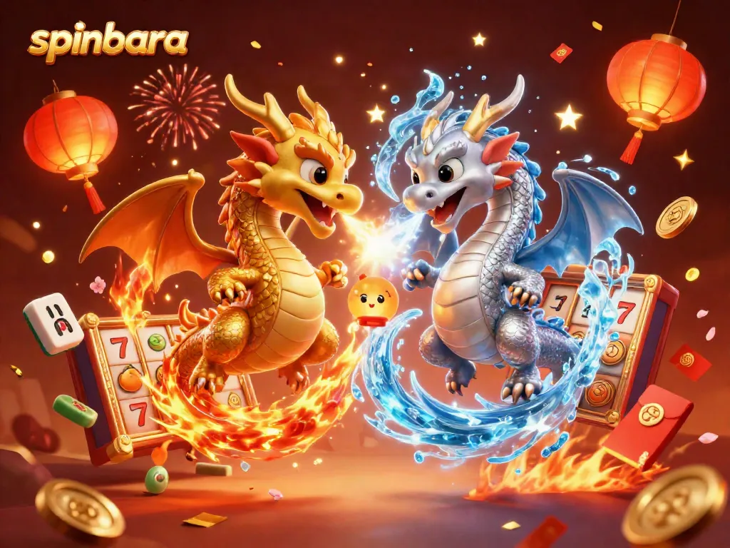 Engage with spinbara and experience thrilling slots, as dragons embody fire and ice in a dynamic casino scene.